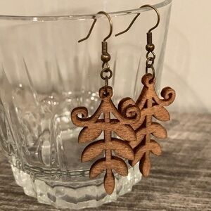 Handcrafted wood cut botanical dangle earrings